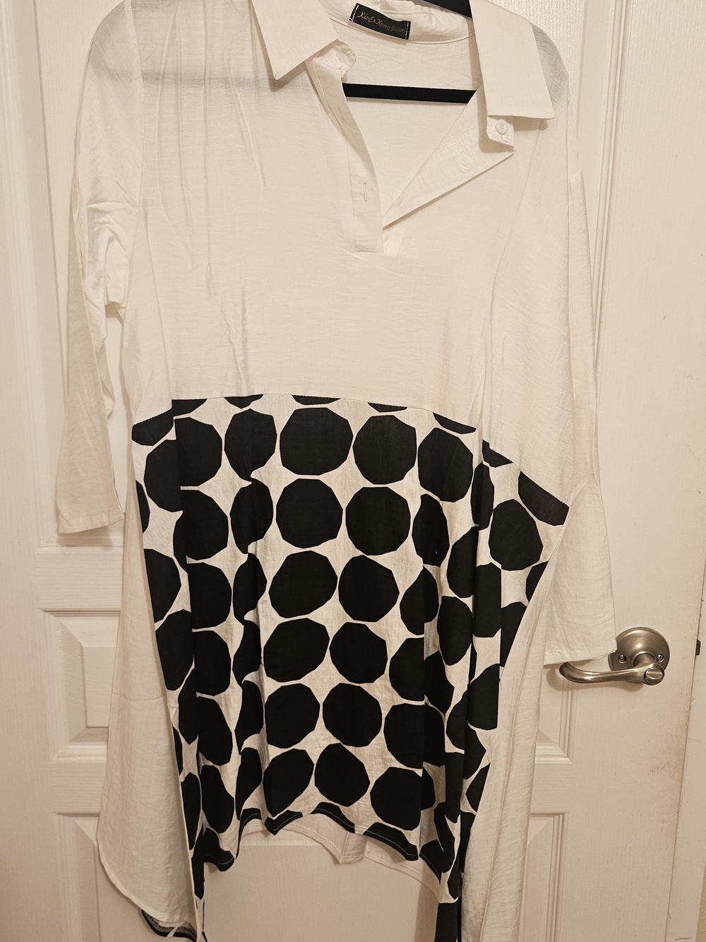 White & Black Polka Block Collared Women's Top